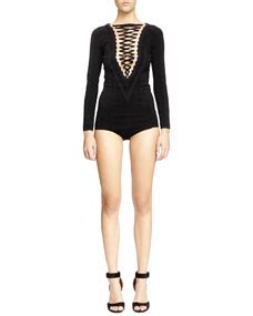 givenchy v-seamed lace-up bodysuit|Bodysuit in 4G tulle .